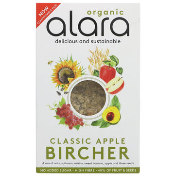 A box of Alara classic apple muesli. sunflower, grapes, avocado and apples pictured on the front of the packaging