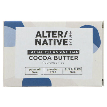 A bar of Alter/native facial cleansing bar, cocoa butter. Fragrance free. Blue & white packaging