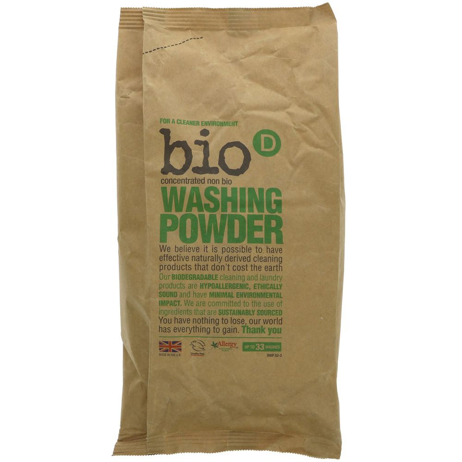 A brown paper bag consiting of Bio D washing powder concentrated. 2kg