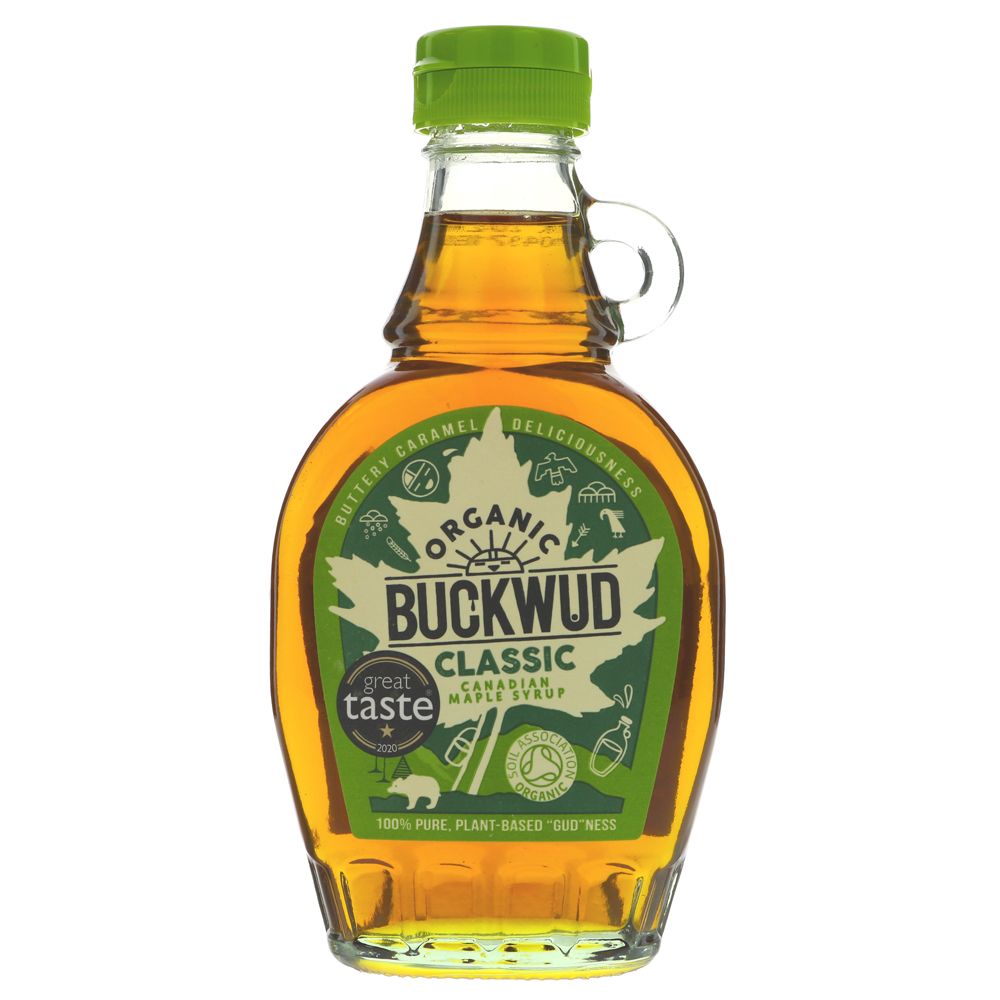 glass bottle of organic classic Canadian maple syrup. Green labelling and bottle cap