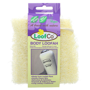 photo shows a Loofco body loofa for bath and shower. plastic free & vegan