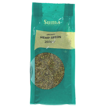 A 250g packet of organic hemp seeds. 