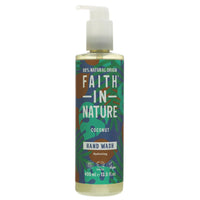 A 400ml bottle of faith in nature hand soap. Beautiful brown, blue and green leave decoration on the label. 