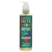 A 400ml bottle of faith in nature hand soap. Beautiful brown, blue and green leave decoration on the label.