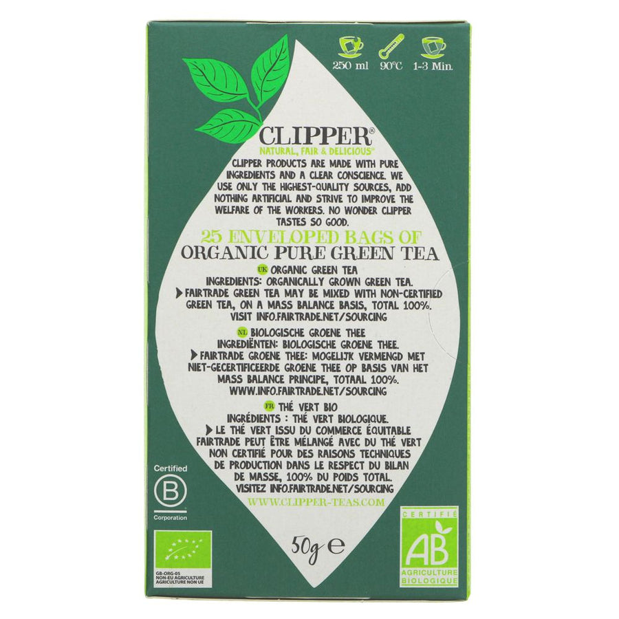 Featured image displaying box of Clipper Organic & Fair Trade Green Tea with ingredients and brewing info