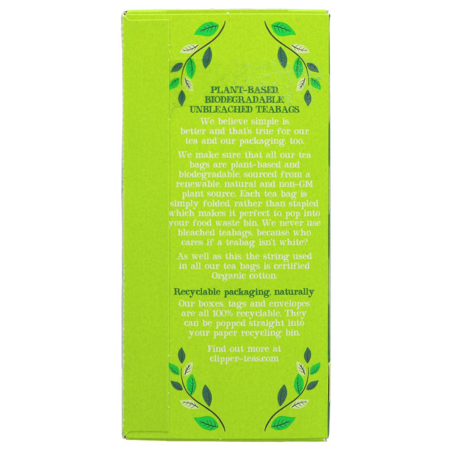 Featured image displaying box of Clipper Organic & Fair Trade Green Tea with info on plant-based tea bags