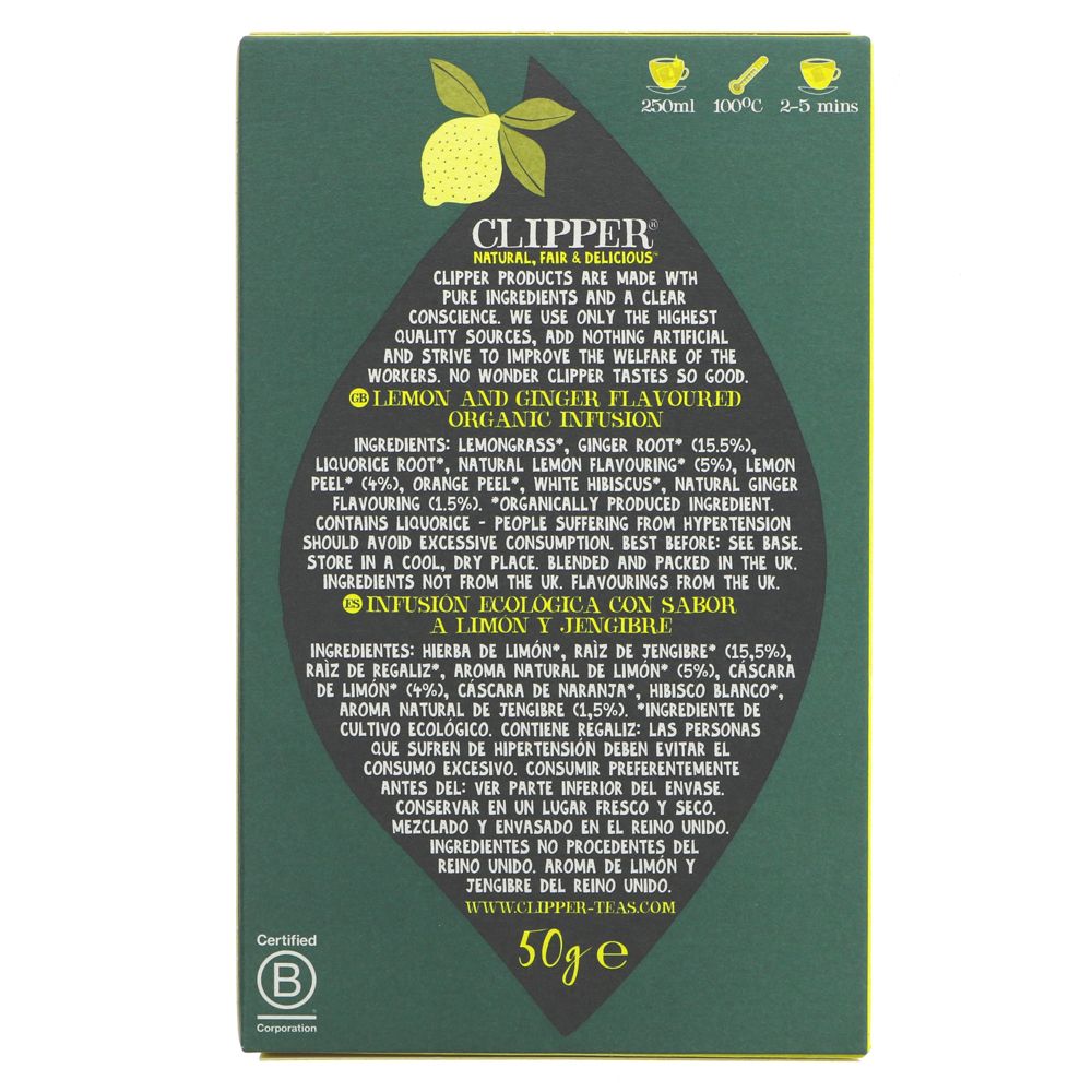 Featured image displaying box of Clipper Organic Lemon & Ginger Infusion ingredients info and brewing instructions