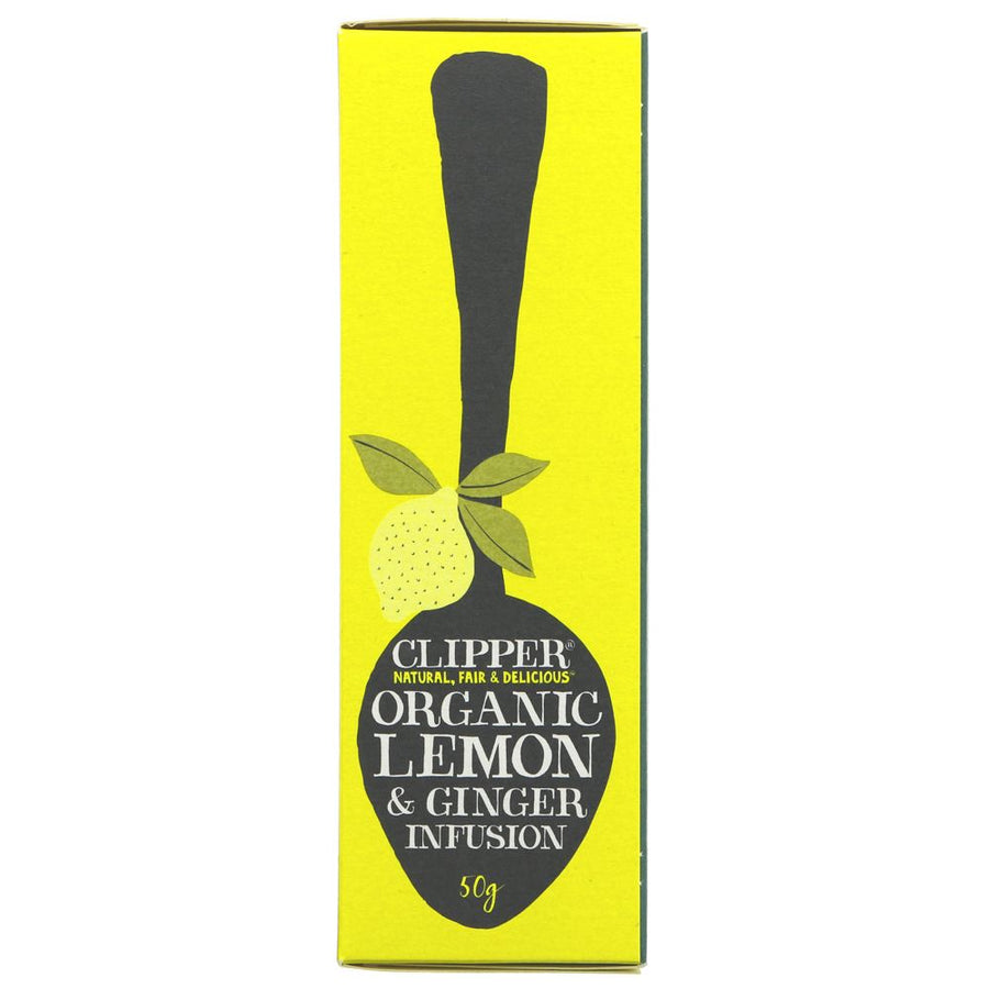 Featured image displaying box of Clipper Organic Lemon & Ginger Infusion (side view)