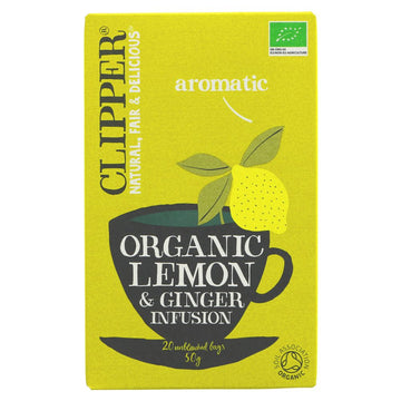 Featured image displaying box of Clipper Organic Lemon & Ginger Infusion