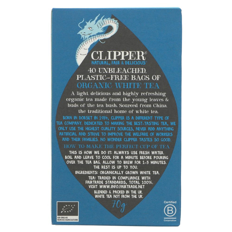 Featured image displaying Clipper Organic & Fair Trade White Tea with ingredients and brewing info