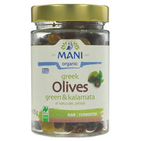 Featured image displaying jar of Mani Organic green and kalamata olives