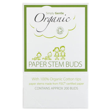 A box of Simply Gentle paper stem cotton buds. Approximately 200 buds in each box.