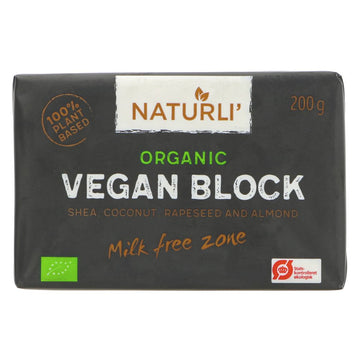 Naturli Vegan Block is an Organic vegan alternative to block butter. It contains shea, coconut, rapeseed and almond, and no palm oil. Organic. 200g
