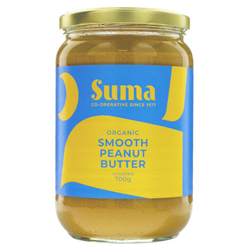 A 700g jar of smooth Peanut butter (unsalted). Gold lid, glass jar, blue & yellow label