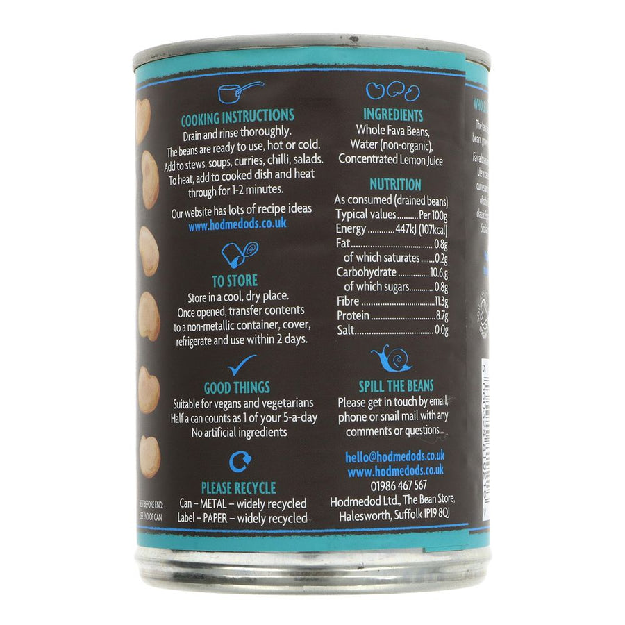 Featured image displaying tin of Hodmedod's British Fava Beans ingredients, cooking instructions, storage info, and nutrition info.