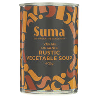 A tin of organic rustic vegetable soup.