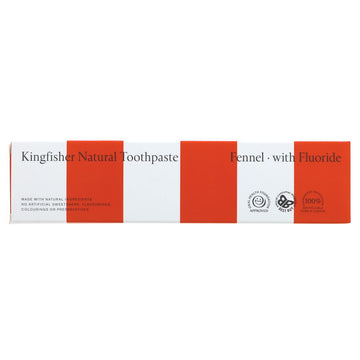red and white striped box  containing kingfisher natural toothpaste - fennnel with fluoride