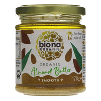 A series of photos of a glass jar of smooth Biona Organic Almond Butter. 170g