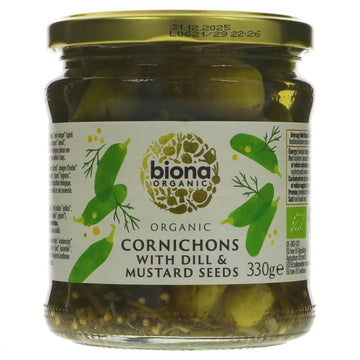 A glass jar of organic cornichons with a metal lid