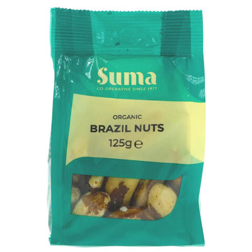 A recyclable green plastic packet of brazil nuts