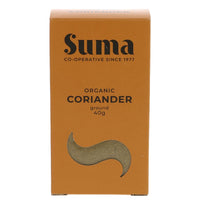 An orange cardboard box of organic ground coriander