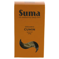 An orange cardboard box of organic ground cumin