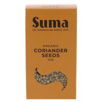 An orange cardboard box of organic coriander seeds