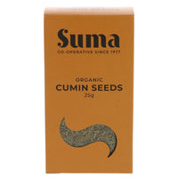 An orange cardboard box of organic cumin seeds