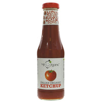 A glass bottle of organic tomato ketchup with a metal lid