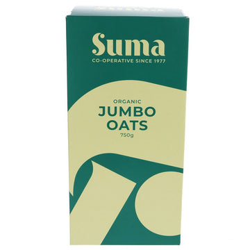 A green and yellow cardboard box of organic jumbo oats