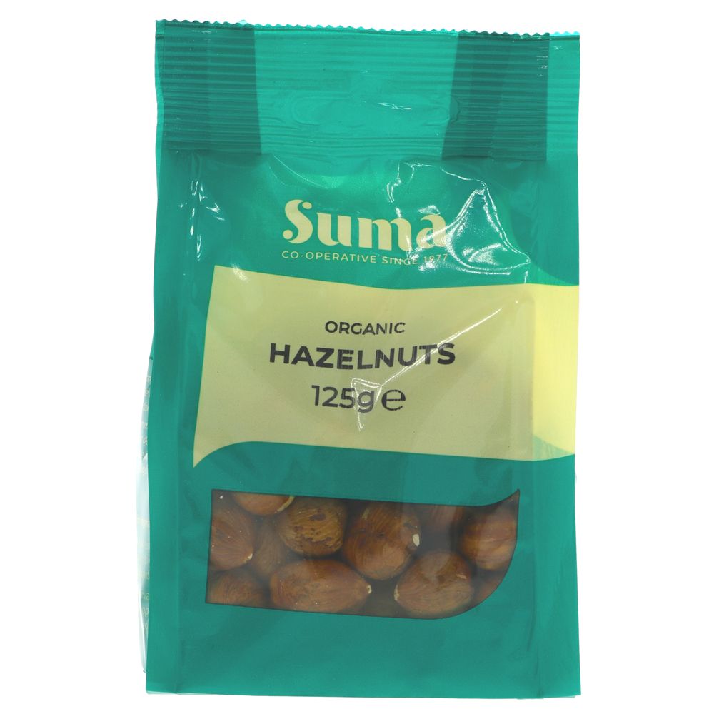 A recyclable green plastic packet of hazelnuts