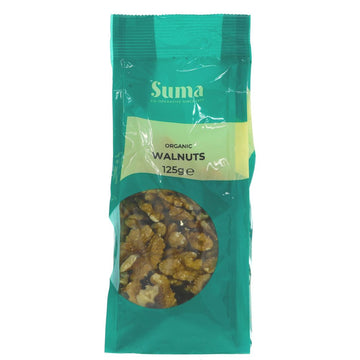 A recyclable green plastic packet of walnuts