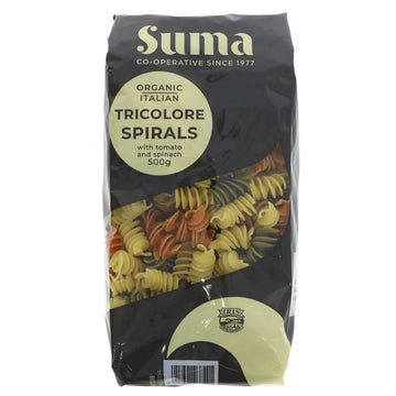 A recyclable brown plastic packet of multicoloured pasta spirals.