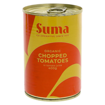 A red and yellow tin of organic chopped tomatoes