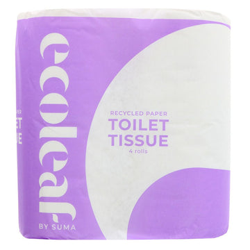 A 4 pack of recycled toilet paper wrapped in paper