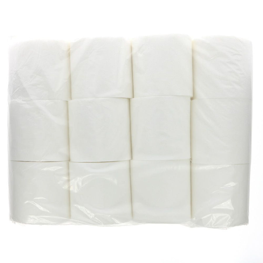 A 12 pack of recycled toilet paper in plastic wrap