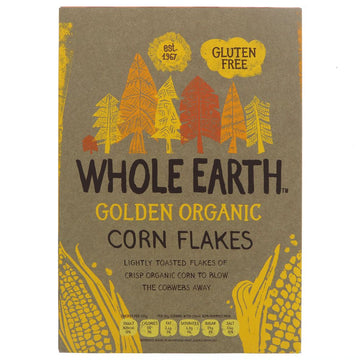 A brown and yellow cardboard box of organic corn flakes