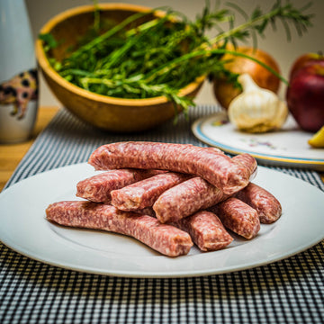 Organic rare breed Gluten Free Pork Sausages £7.35  95% pork meat, just 5% spices and a splash of water to bind it all  Each pack contains 8 delicious sausage