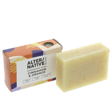 bar of cinnamon and orange soap in beautiful cardboard packaging