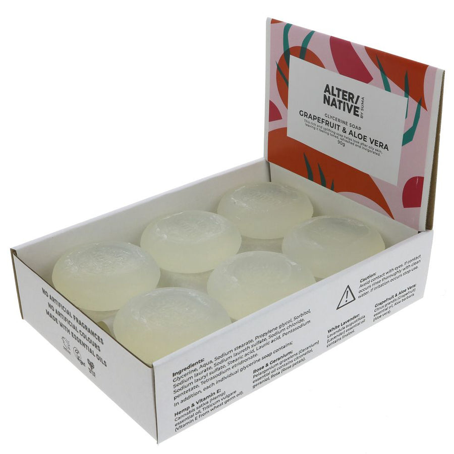 This rich and uplifting soap helps look after oily skin, leaving it feeling toned, refreshed and invigorated. Hydrate, soothe and pamper yourself with ALTER/NATIVE by Suma glycerine soaps. Each one is handmade using only the finest natural ingredients making them gentle both on your skin and the environment. Made with essential oils. Round soap bar. 90g