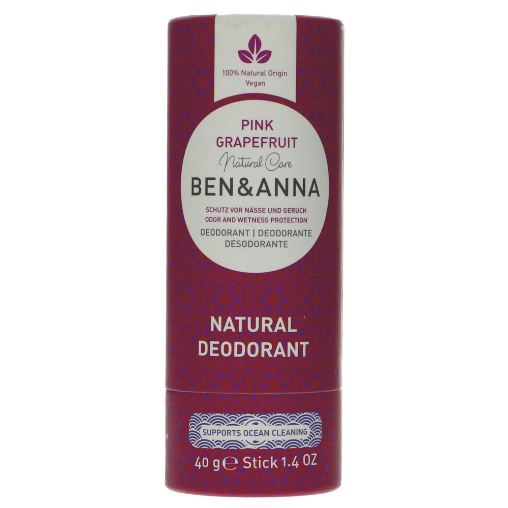 pink grapefruit natural deodorant from Ben & Anna. Pink and orange packaging