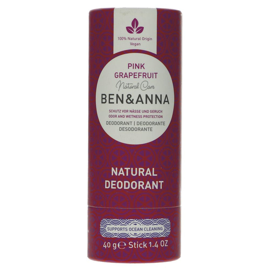 pink grapefruit natural deodorant from Ben & Anna. Pink and orange packaging