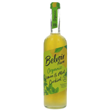 Glass bottle filled with lemon & mint cordial. Green and yellow packaging