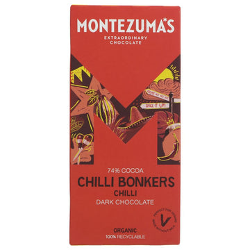 Photo shows a bar of Montezuma's Chilli Bonkers dark chocolate. Organic 90g