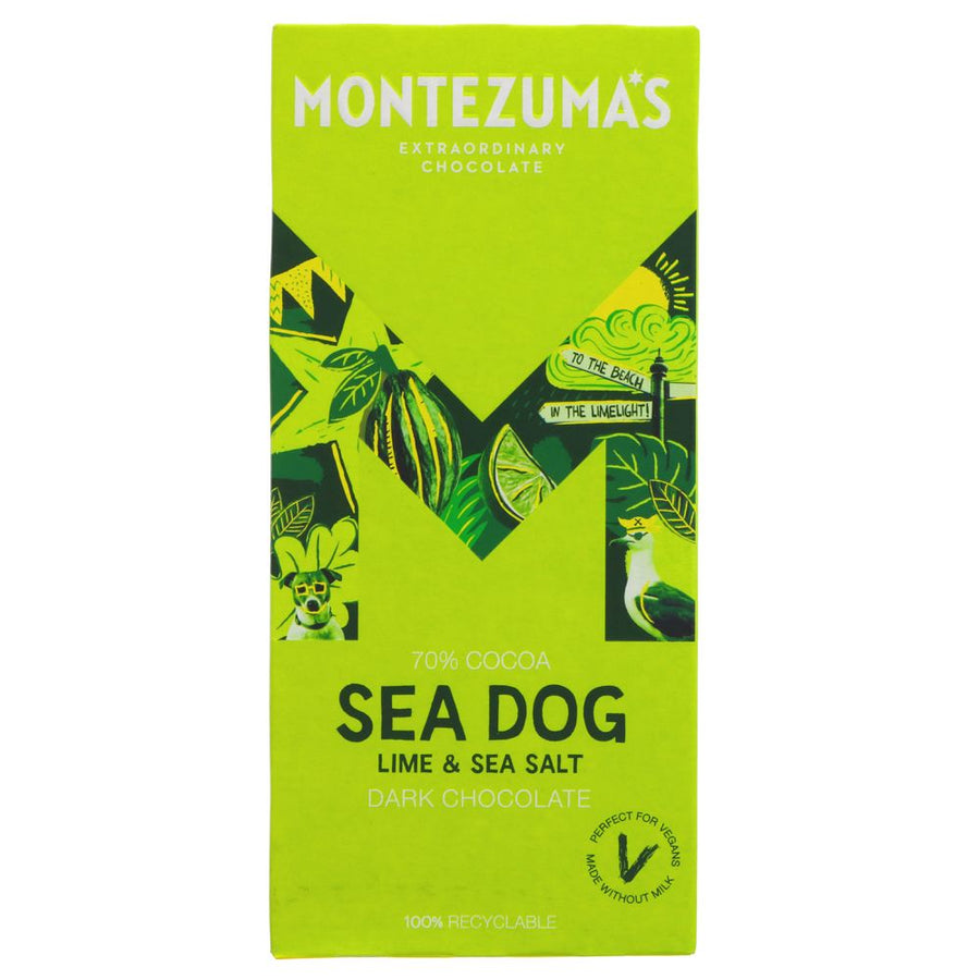 Sea Dog - 70% dark chocolate, lime, and sea salt. Montezuma, Innovative British Chocolate. From the 'Flavoured Bars' range. This bar will bring out the salty sea dog in even the most refined of eaters! The juicy lime sings from your palate swiftly followed by the subtle tang of sea salt making for a real voyage of discovery. 90g