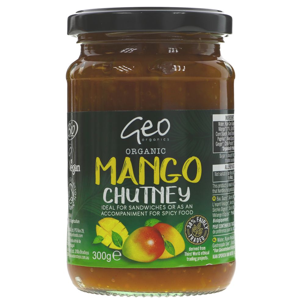 A delicious organic mango chutney made with only the finest natural ingredients and sweetened with apple juice. This product is Fairly traded, is Organic and is Vegan. 300g