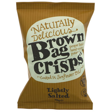 Photo of Lightly Salted Brown Bag crisps. The combination of the right British potatoes, sunflower oil, and just a pinch of salt creates a fantastic product where the taste of the potatoes shines though. - Suitable for Vegans/Vegetarians/Coeliacs -Gluten Free - Packets are recyclable! 40g