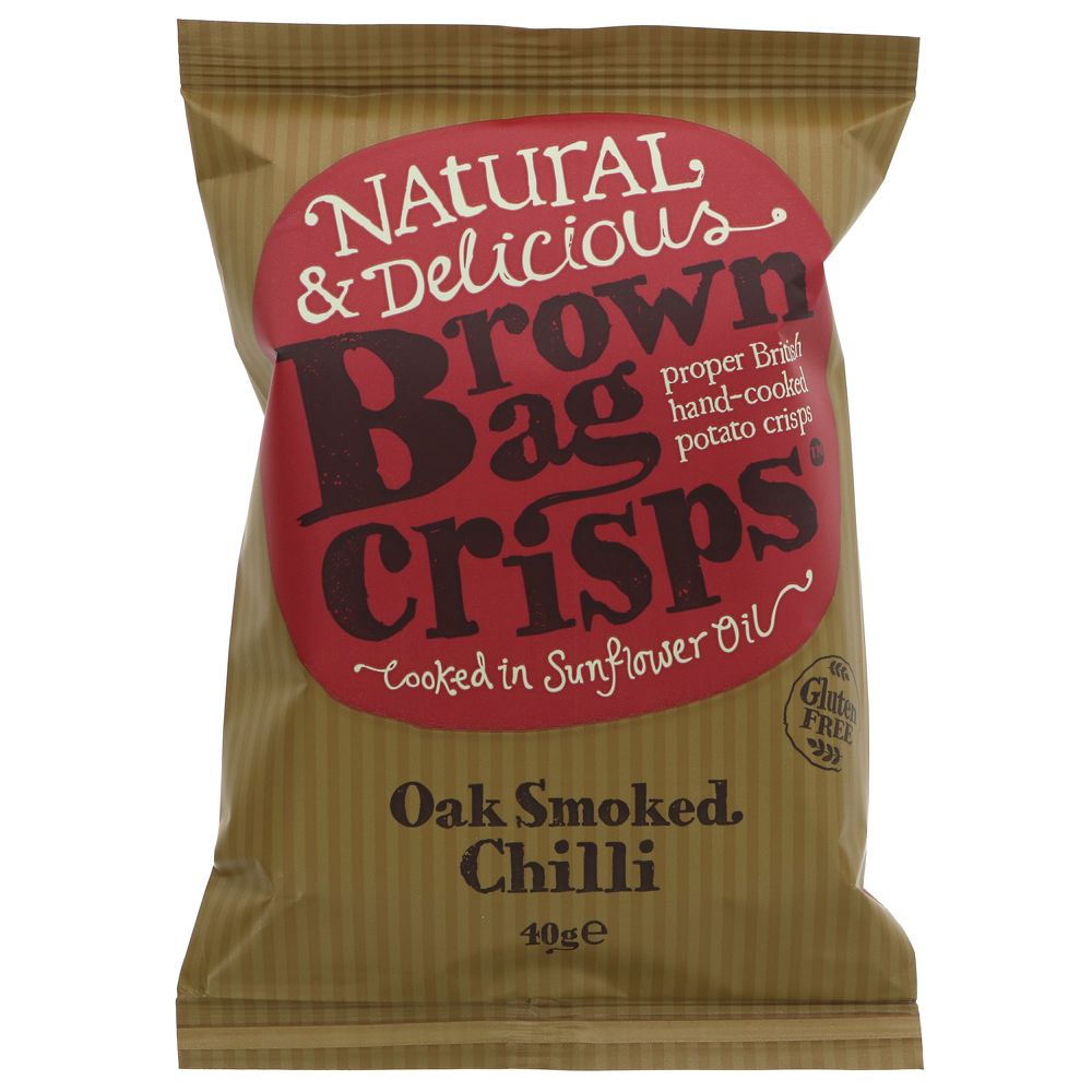Photo shows Oak Smoked Chilli Brown Bag crisps. The natural smoked flavour from sustainably grown oak perfectly complements the punch of the Scotch Bonnet chillies, making these crisps moreish and utterly delicious. Winner of one star from the Guild of Fine Food 2019. - Suitable for Vegans/Vegetarians/Coeliacs -Gluten Free - Packets are recyclable! 40g
