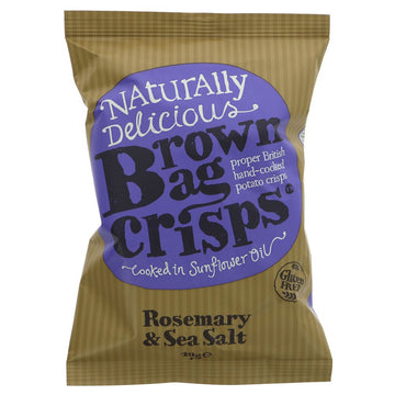 Photo shows Rosemary & Sea Salt Brown Bag crisps. The warm rosemary flavour is beautifully complemented by the saltiness, a lovely natural tasting flavour--the perfect snack! Winner of one stars from the Guild of Fine Food 2020. Suitable for Vegans/Vegetarians/Coeliacs -Gluten Free - Packets are recyclable! 40g