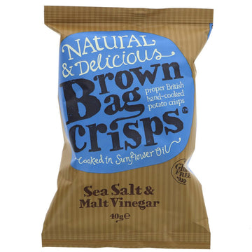Photo shows Sea Salt & Vinegar Brown Bag crisps. The seasoning has the perfect balance of sea salt and British malt vinegar. Zingy and moreish, is one bag enough? Winner of one star from the Guild of Fine Food 2019. - Suitable for Vegetarians/Coeliacs -Gluten Free - Packets are recyclable! 40g